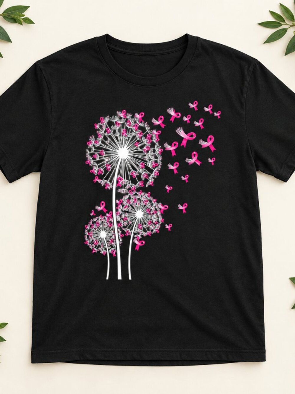 Pink Ribbon Dandelion T-Shirt Black Awareness Hope Ladies Graphic Tee Women’s